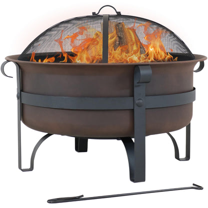 Sunnydaze Cauldron Wood-Burning Outdoor Fire Pit for Patio and Backyard - Round Steel Outside Firepit Bowl with Cover, Removable Ash Pan, Spark Screen, and Poker Tool - Dark Bronze - 29"