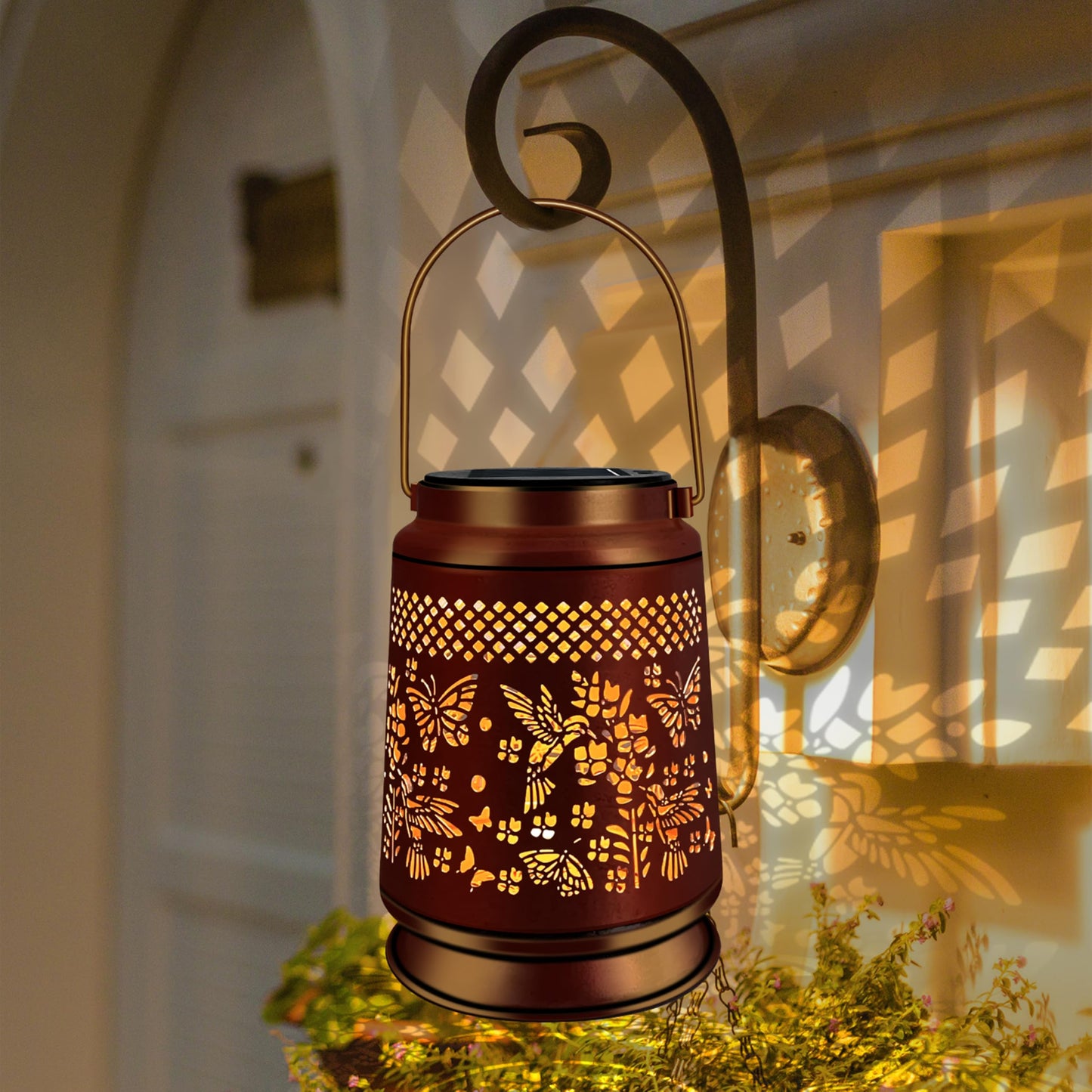 KY&BOSAM Solar Lanterns Outdoor Waterproof LED Hummingbird & Butterfly Lantern Garden Decor Birthday Gift for Women Mom Metal Hanging Decorative Light for Patio Yard Lawn Backyard Front Porch Bronze