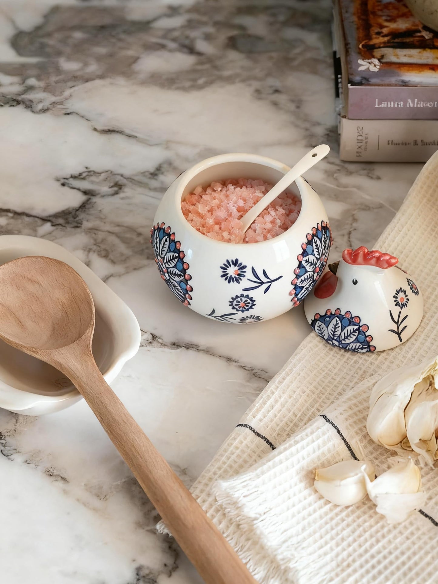 stablerice 14OZ Ceramic Salt Cellar with Lid and Spoon,Chicken Salt Container with Spoon, Salt Jar for Counter, Coffee, Sugar, Spices and Candies, Salt and Sugar Container sets for Countertop
