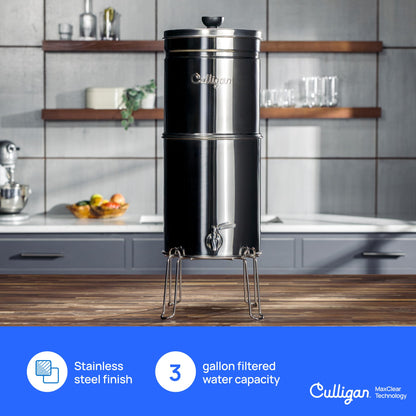 Culligan MaxClear 3 Gallon Gravity Water Filter System, Brushed Stainless-Steel Countertop Water Filter NSF/ANSI Certified to Reduce Microplastics, Lead & Total PFAS, with 3 Ceramic Filters