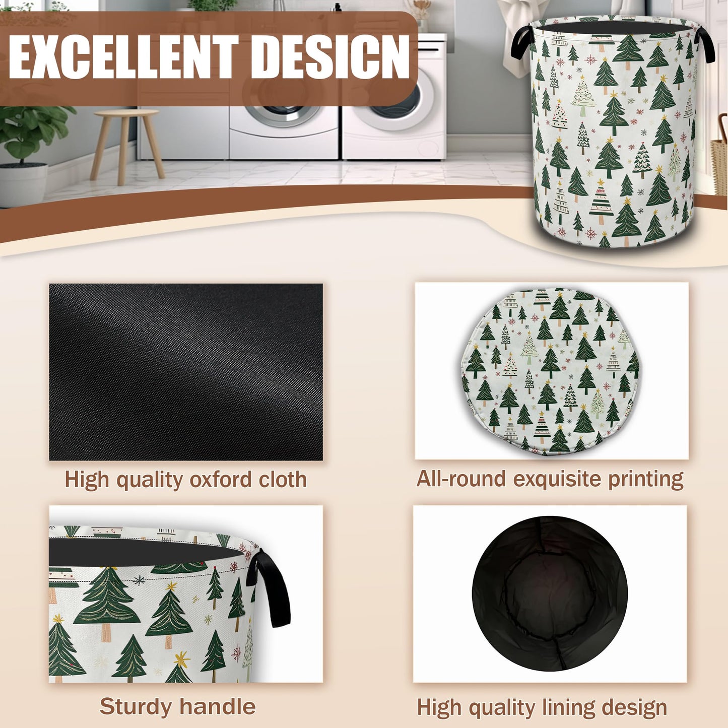 Christmas Pine Tree Laundry Basket,Waterproof Foldable Laundry Hamper,Dirty Clothes Basket, Linen Bin Storage Organizer Collection 16" x 20.8"
