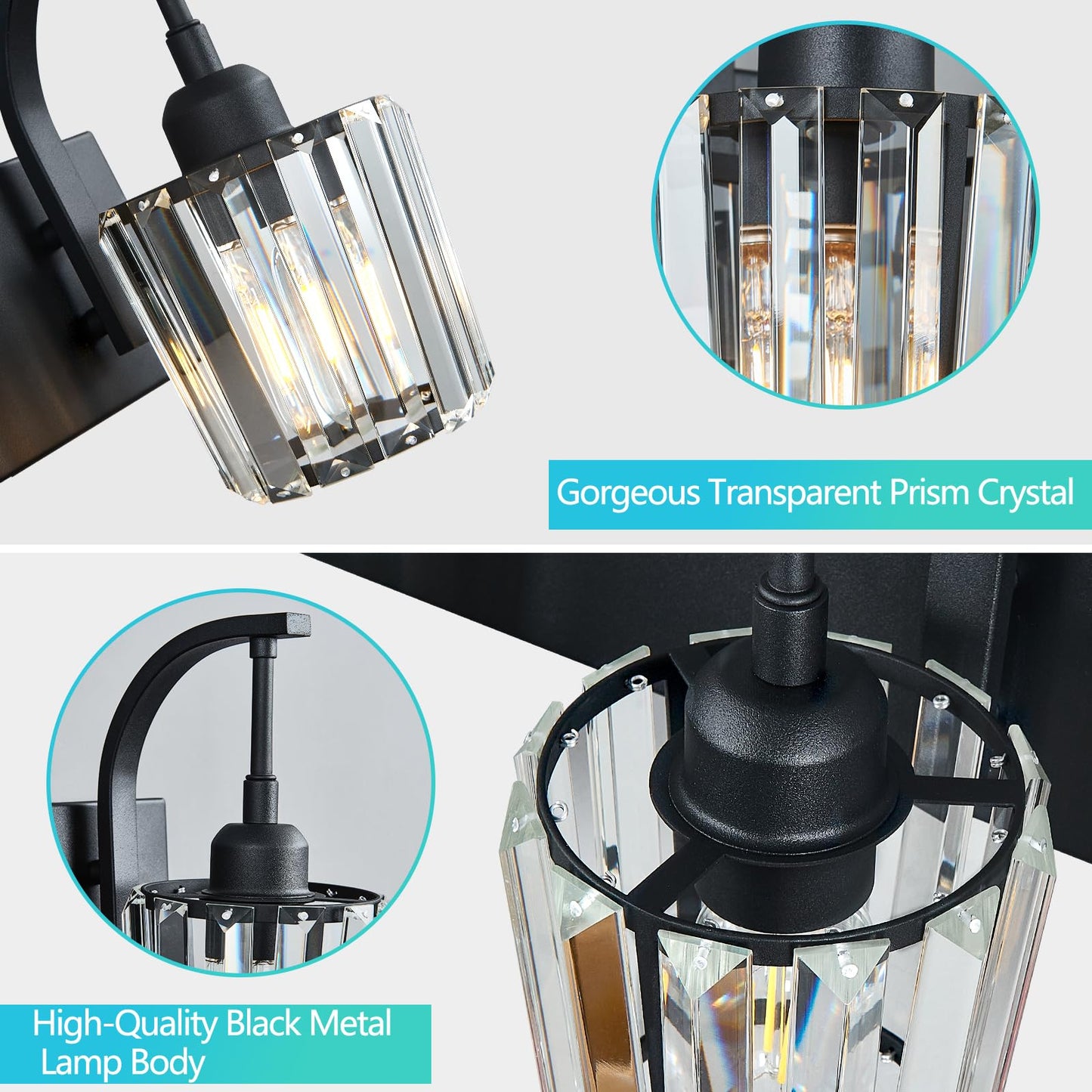 FDPBY Modern Bathroom Vanity Light, 4-Light Black Wall Sconce with Crystal Accents, Over Mirror Bathroom Lighting Fixture, 32.67" Long Dimmable Vanity Lamp for Makeup, Easy Installation