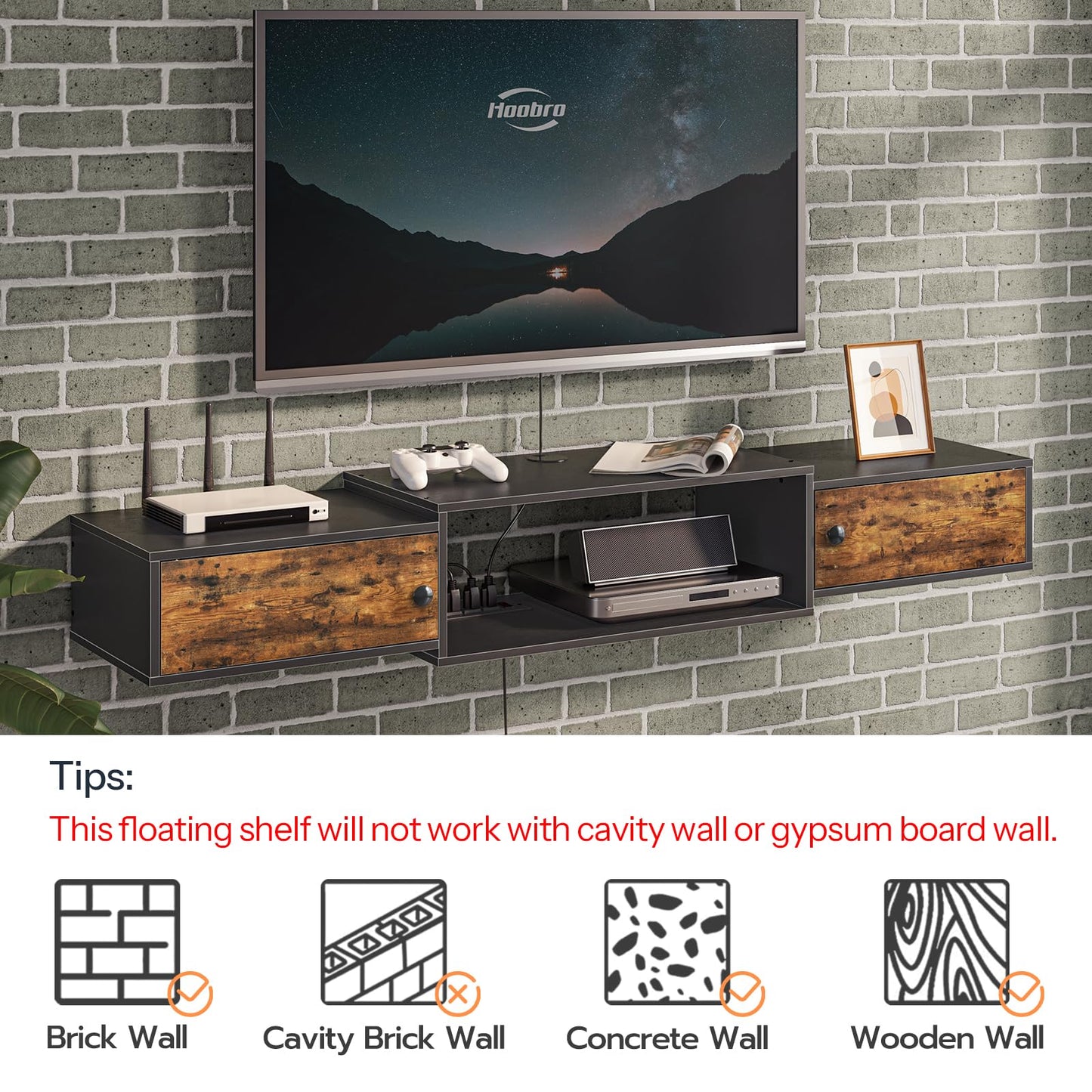 HOOBRO 55" Floating TV Stand with Power Outlet, Modern Wall Mounted Media Console Shelf Cabinet for Under TV Storage, Entertainment Center, Living Room, Bedroom, Rustic Brown and Black BF11DS01
