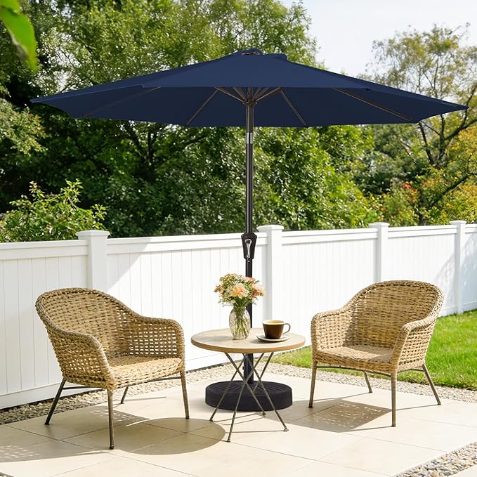 MEWAY 9ft Patio Umbrella Outdoor Table Umbrellas with Push Button Tilt and Crank, Market Umbrella 8 Sturdy Ribs for Deck, Garden, Pool and Backyard, Dark Blue