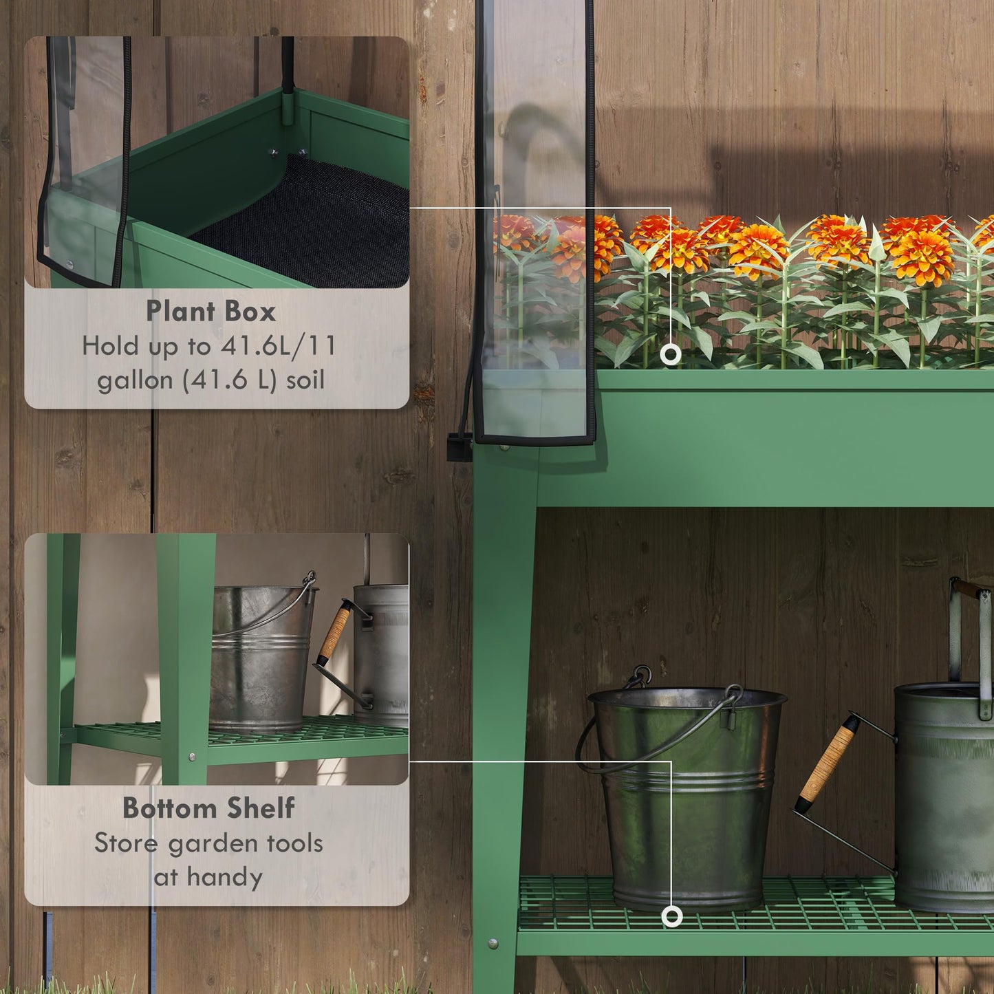 Outsunny Raised Garden Bed with Greenhouse Cover, Large Metal Outdoor Elevated Planter Box with Lockable Wheels, Storage Shelf and Drainage Hole for Vegetables, Flowers, Herbs, Green
