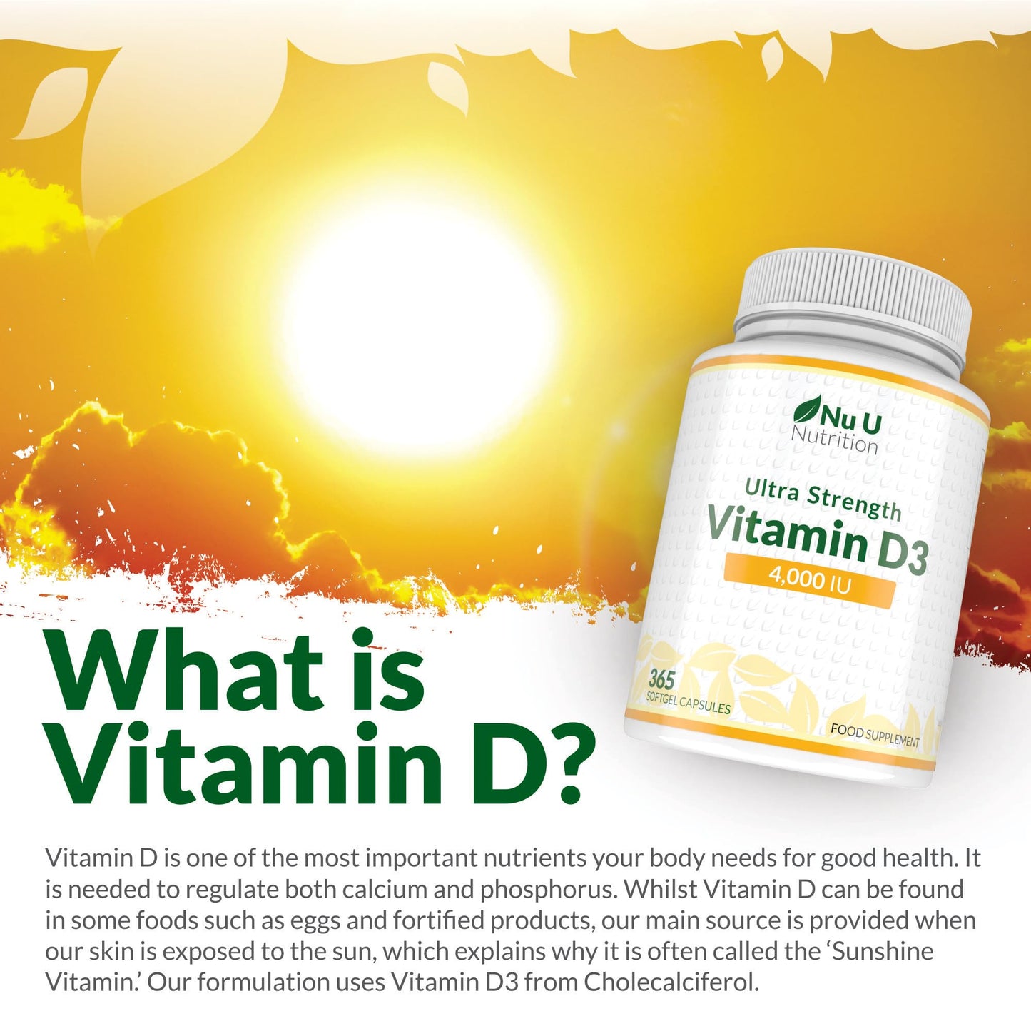 Nu U Nutrition - Vitamin D 4000 IU - 365 Softgel Capsules not Tablets - 1 Year Supply - Quadruple Strength -Easy to Swallow - Vitamin D3 Supplement - Made in The UK