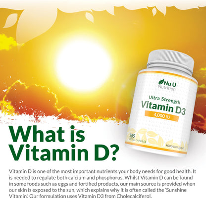 Nu U Nutrition - Vitamin D 4000 IU - 365 Softgel Capsules not Tablets - 1 Year Supply - Quadruple Strength -Easy to Swallow - Vitamin D3 Supplement - Made in The UK
