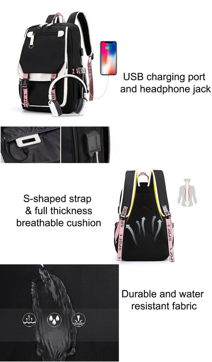 SellerFun Teenage girls' Backpack Middle School Students Bookbag Outdoor Daypack With USB charge Port (4# White Black, 21 Liters)