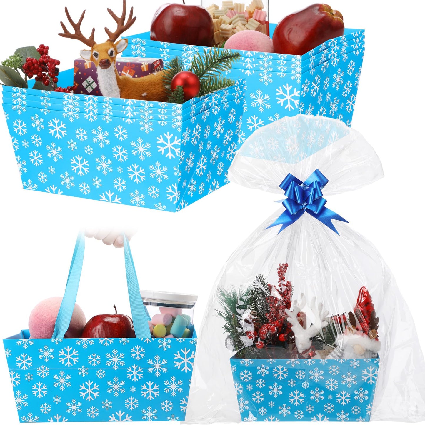 Moinchore 12 Pcs Winter Basket for Gifts Empty 9.8x6.5'' Blue Snowflake Market Tray Cardboard Basket with Bows, Plastic Bags, Twist Ties, Empty to Fill for Holiday Birthday Christmas Party Favor