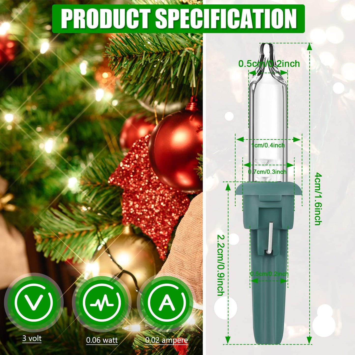 Riakrum 150 Pcs Christmas Replacement Mini Light Bulb 3 Volt 0.06 Watt Christmas Tree LED Light Bulbs Warm White Xmas Lights with Green Base for Party Holiday Indoor Outdoor Supplies