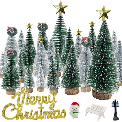 NotiGat Miniature Christmas Pine Tree mini Bottle Brush Christmas Trees Table top Village Winter Tree for Christmas Decorations Wooden Bases （36pcs）