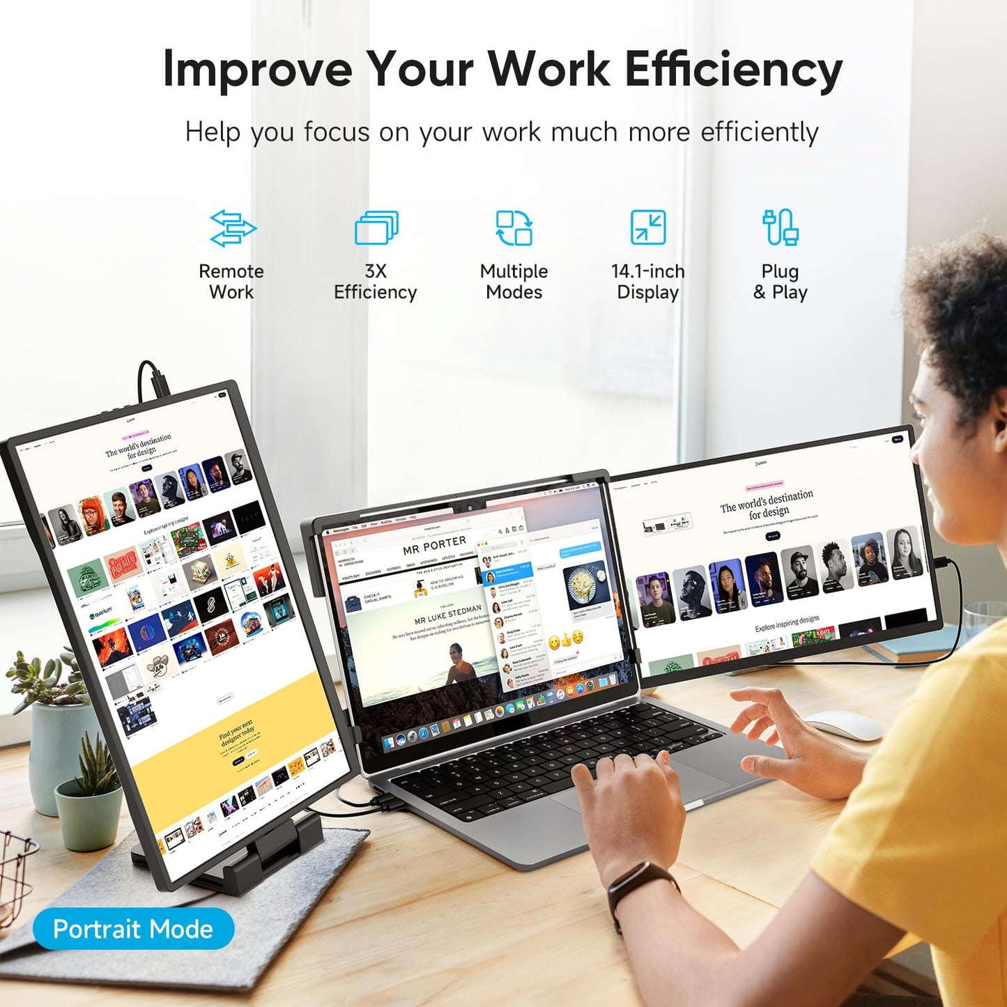 Dopesplay 2025 Newest 14.1" Laptop Screen Extender, 1200P FHD IPS Portable Monitor for Laptop, Triple Dual Monitor Compatible with Windows Mac Android Chrome Fits 13-17" Laptops