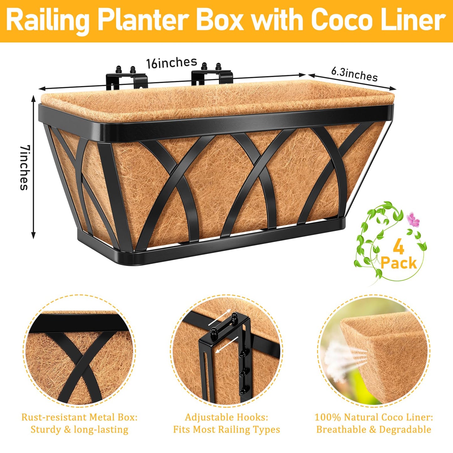 Riare 4 Pack 16 Inch Metal Railing Planter Window Box with Coco Liner- Adjustable Window Flower Boxes for Railings, Hanging Rail Planters for Deck, Balcony, Porch, Fence, Indoor Outdoor Plants