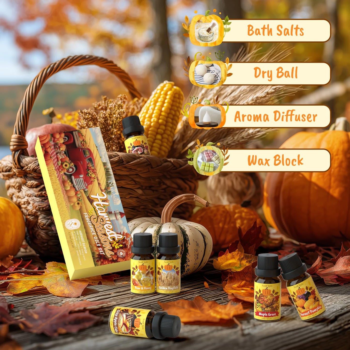 Soulorigin Harvest Fragrance Oils Set, Essential Oil for Diffuser, Fall Diffuser Oil, Use for Soap Candle Making-Crisp Apple cider, Pear&Honey, Golden Hayfield, Maple Grove, Harvest Pumpkin,Autumn Fig
