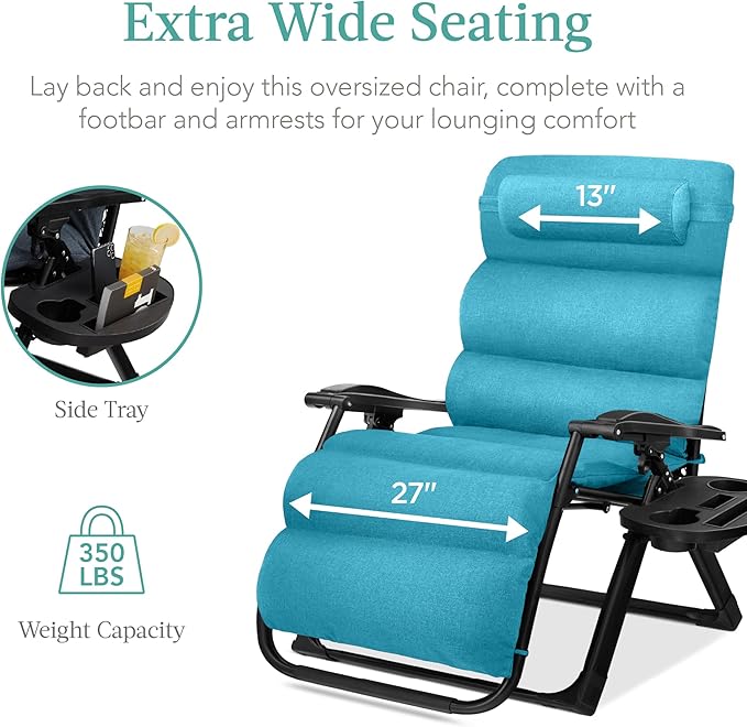 Best Choice Products Oversized Zero Gravity Chair, Folding Outdoor Patio Recliner, XL Anti Gravity Lounger w/Removable Cushion, Cup Holder, Side Tray, 350lb Capacity - Light Blue