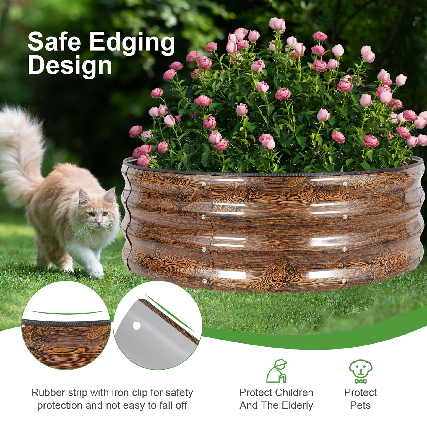 Permade Galvanized Raised Garden Bed- 2Pcs Metal Planter Boxes Outdoor | 12" Tall 36" Round Steel Raised Bed Kit & Fire Pit Ring for Gardening with Protective Tape for Vegetables (Wood Grain)