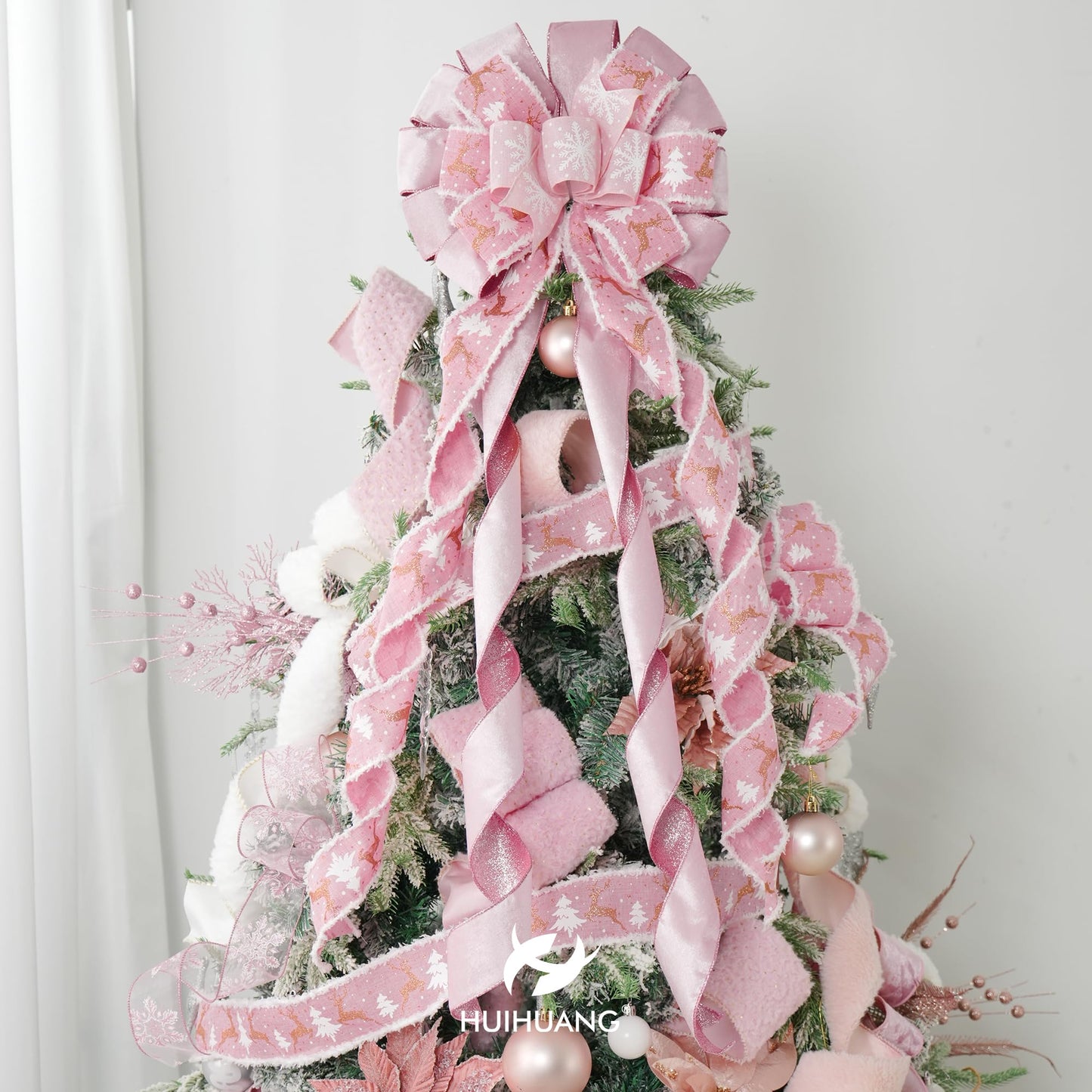 HUIHUANG Pink Christmas Tree Topper Bow 13 inch x 45 inch Large Christmas Bows Pink and White Snowflake Velvet Bows for Christmas Tree Ornament, Wreaths, Staircase, Mantel, Home Decor