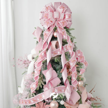 HUIHUANG Pink Christmas Tree Topper Bow 13 inch x 45 inch Large Christmas Bows Pink and White Snowflake Velvet Bows for Christmas Tree Ornament, Wreaths, Staircase, Mantel, Home Decor