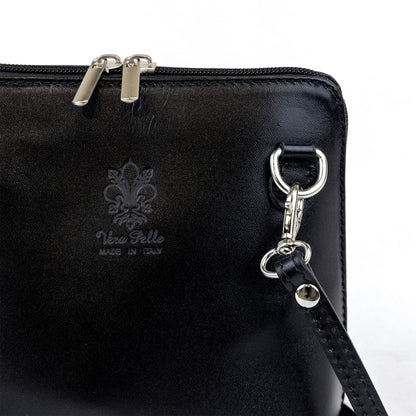 Small Vera Pelle Handbag Genuine Leather Cross Body Bag for Women Italian Mini Shoulder Bag Highquality Strap (Black)