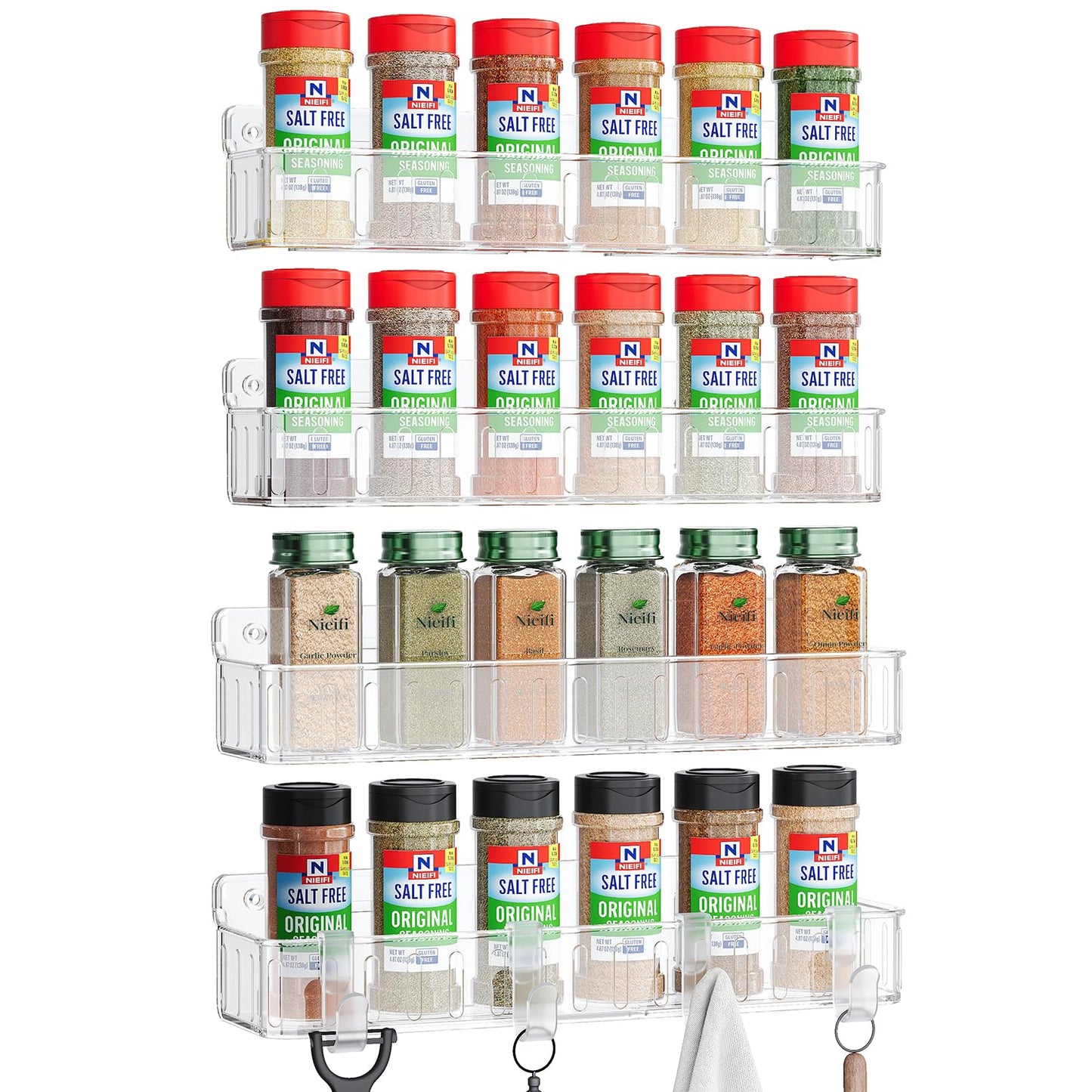 Nieifi Spice Rack Wall Mount, 4 Pack, Clear, 2 Inch Wide, Screw or Adhesive Installation, Spice Rack Organizer for Small Spice Jars, Suitable for Kitchen Cabinet or Pantry Door