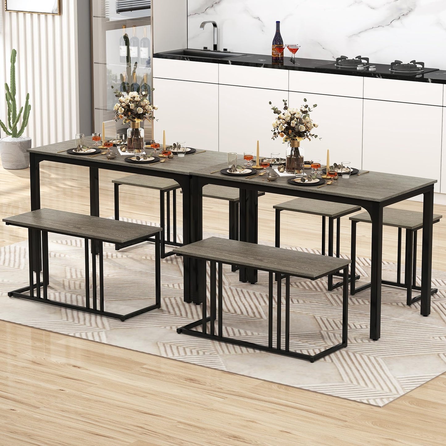 Giantex 4-Piece Dining Table Set for 4, Modern Kitchen Table and Chairs, Nesting Furniture Set with Bench & 2 Stools, Space-Saving Desk Set, Dinette Set for Small Place, Dining Room Restaurant (Grey)