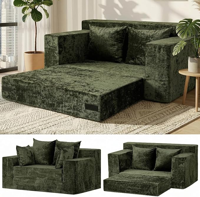 Loveseat Sofa Bed, Convertible Silky Velvet 5-in-1 Foldable Boneless Sleeper