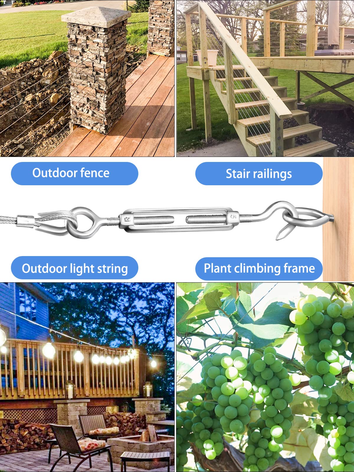 TooTaci 30M Garden Wire for Climbing Plants, 2mm PVC Coated Stainless Steel Cable with M5 Turnbuckles, Fence Wire, Vine Eyes for Climbing Plants, Perfect for Trellis, Outdoor String Light Hanging