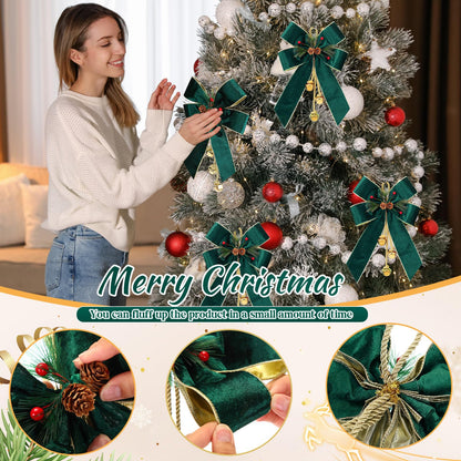 Yinkin 4 Pcs Christmas Tree Wreath Bow Christmas Ribbon Bows with Bells 11 x 7.8 in Velvet Pine Cone Bowknot Xmas Tree Hanging Ornaments Decor for Home Xmas Party Outdoor Indoor (Retro Green)