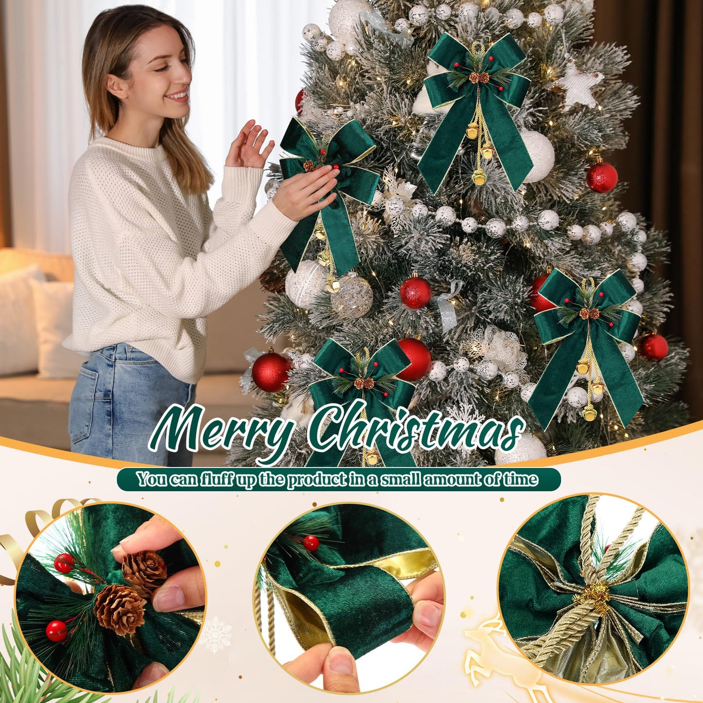 Yinkin 4 Pcs Christmas Tree Wreath Bow Christmas Ribbon Bows with Bells 11 x 7.8 in Velvet Pine Cone Bowknot Xmas Tree Hanging Ornaments Decor for Home Xmas Party Outdoor Indoor (Retro Green)