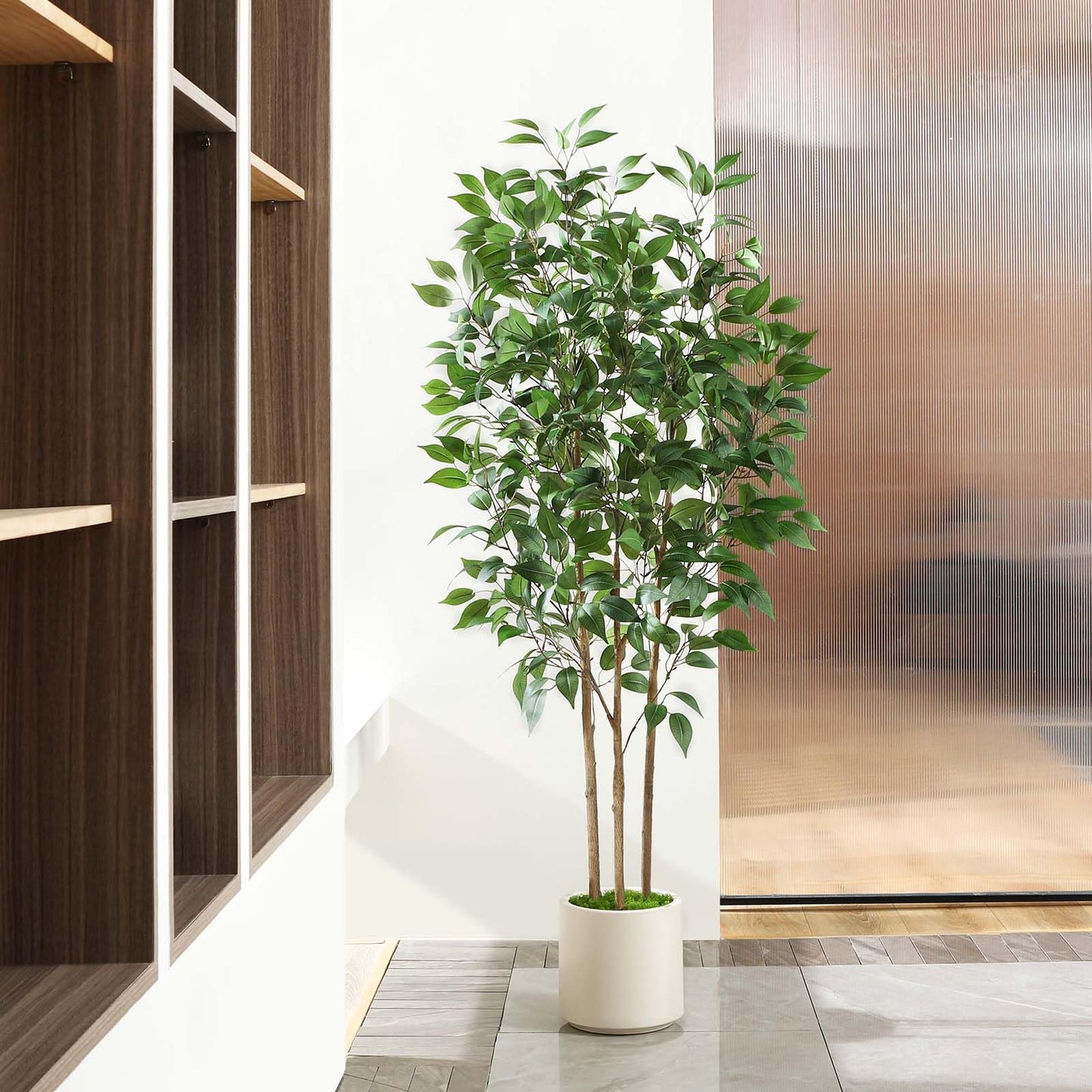 SOGUYI Ficus Artificial Tree 5ft Tall Fake Ficus Tree for Home Decor Indoor Faux Silk Ficus Plant Fake Floor Plant in White Imitation Ceramic Planter with Green Fake Moss, Set of 1