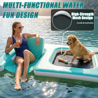 JUSTOOP Inflatable Dog Pool Float with Seat, Durable PVC Inflatable Floating Dock with Mesh Swim Area, Floating Platform Swim Docks for Adults & Dogs, 242 lbs Capacity, Portable Floating Lounge