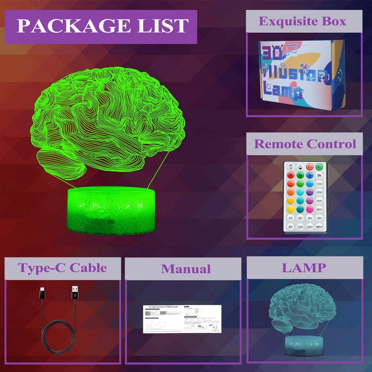 POSSHE Neurology Gifts, 3D Brain Illusion Lamp, Night Light with16 Colors Changing, Remote Control, Timer, Dimmable, Kids Room Decoration, Xmas Brain Model Gifts