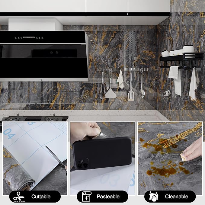 Grey Gold Marble Contact Paper for Countertops A Set of 23.6" X 197"Glossy Peel
