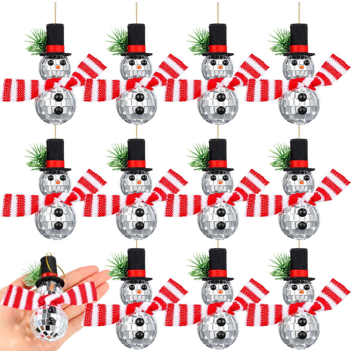 Quzzil 12 Pieces Christmas Snowman Hanging Disco Ball Decorations Reflective Mirror Snowman Hanging Ornaments with String Hats Disco Ball Decor for 70s Disco Themed Xmas Tree Wedding Party Supplies