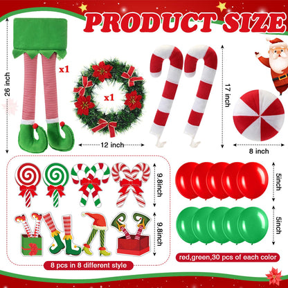 Soulchen 73 Pcs Christmas Car Decoration Kit Candy Cane Santa Claus Nose Hanging Elf Legs Xmas Wreath PVC Decoration Red Green Balloons Christmas Candy Car Accessories for Truck Vehicle Decorations