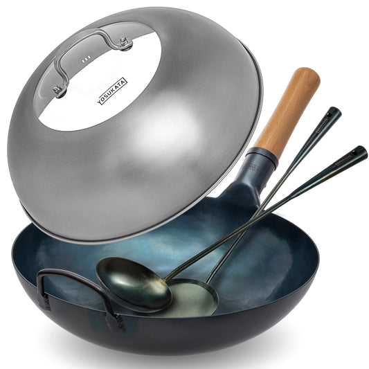 YOSUKATA Carbon Steel Flat Bottom Wok Pan - 13.5" + Wok Lid 12.8 Inch - Cover with Tempered Glass Insert Steam Holes + Blue Carbon Steel 17-inch Spatula, Ladle, 3 pairs Chopsticks