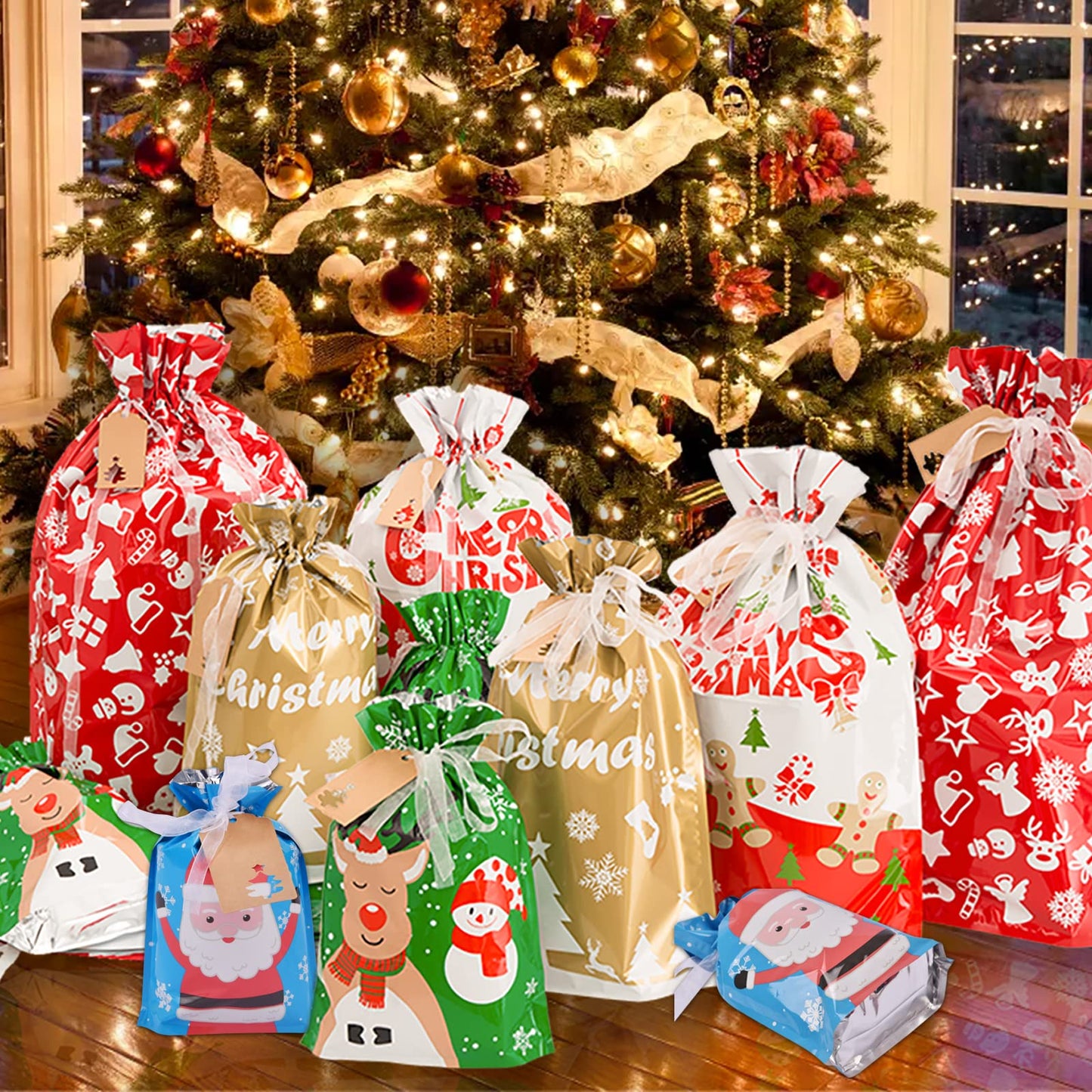 YALTOON 40pcs Drawstrings Christmas Gift Bags Assorted Sizes, Christmas Bags for Gifts Wrapping, Holiday Presents