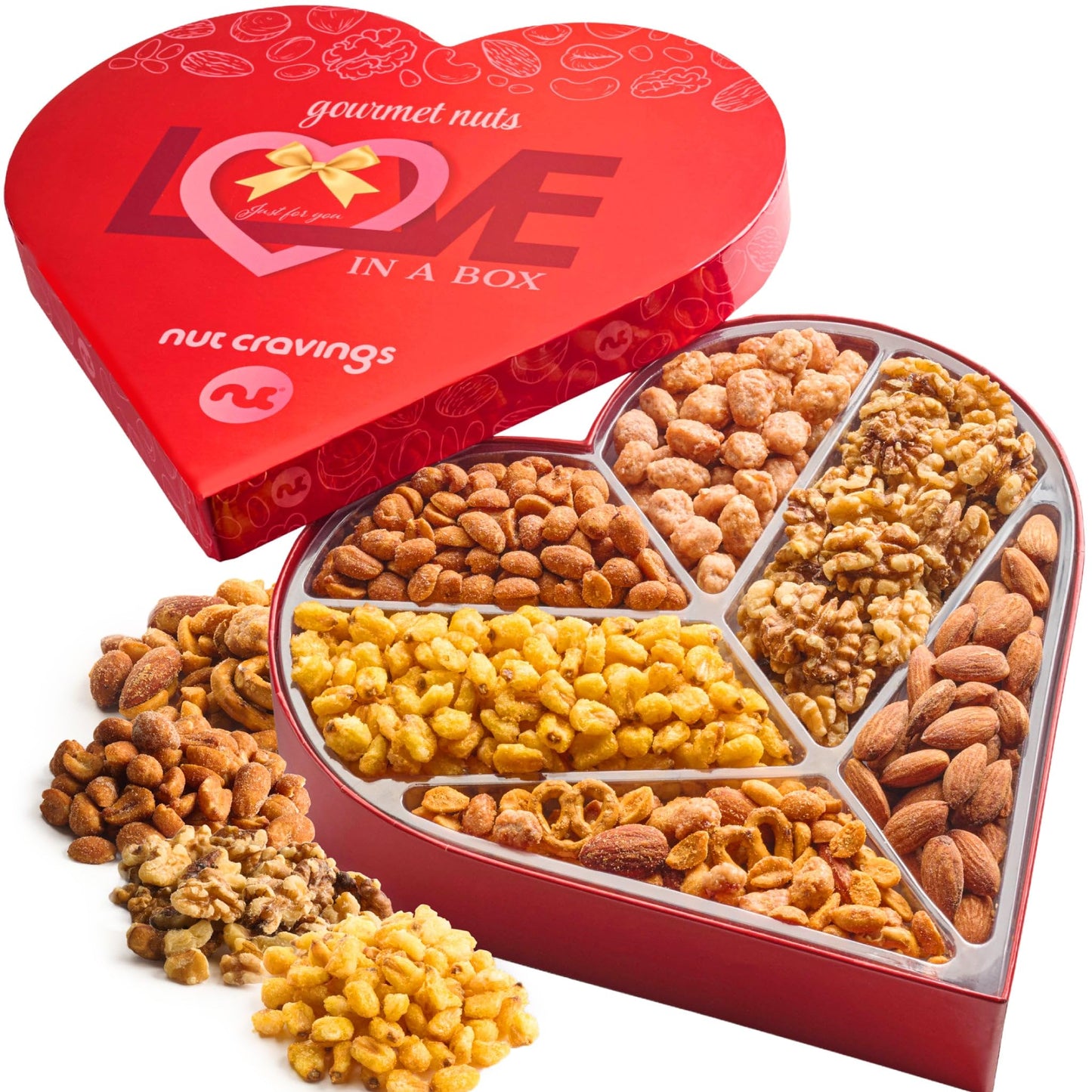 NUT CRAVINGS - Valentines Day Mixed Nuts Heart Shaped Gift Basket, Love in A Box (6 Assortments, 2 LB) Romantic Food Arrangement, Healthy Snack Care Package, Food Assortments