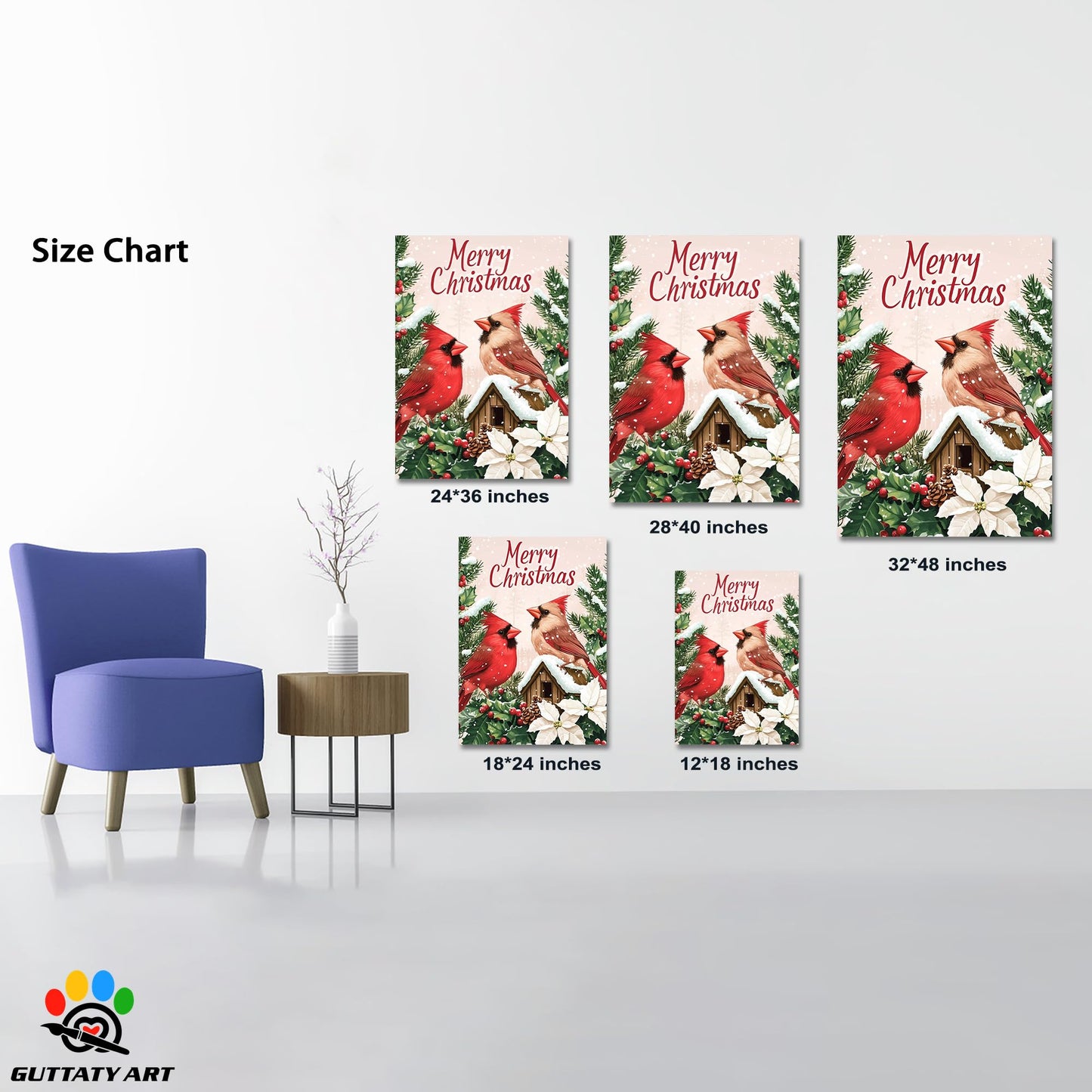 GUTTATY Christmas Canvas Wall Decor, Robin Christmas Decoration Wall Art, Merry Christmas Sign Xmas Artworks, Christmas Theme Wall Pictures Framed for Living Room, Bedroom 18x24 Inch
