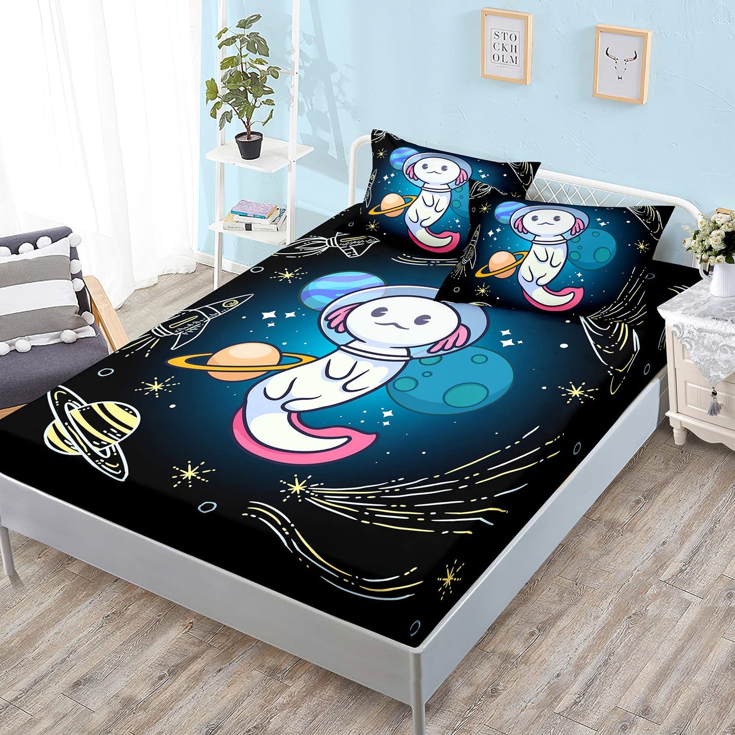 HOSIMA Axolotl Bedding Set for Kids Bedroom Decor, Space Cartoon Pattern Kawaii Wildlife Animals Reptile Toddler Twin Size Fitted Sheet With 2 Pillowcases