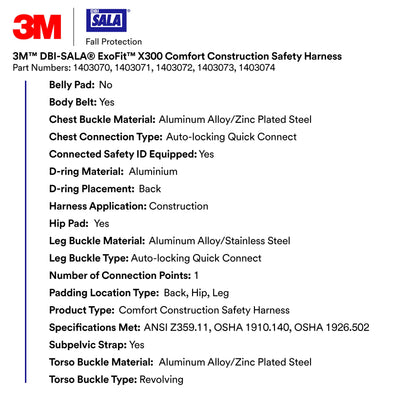 3M 1403071 DBI-SALA ExoFit X300 Comfort Construction Safety Harness Fall Protection, OSHA, ANSI, Lightweight Aluminium Back D-Ring, Auto-Locking Quick Connect Chest and Leg Buckles, Medium