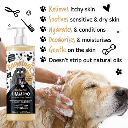 BUGALUGS Itchy Dog Shampoo with Oatmeal & Aloe Vera Dog professional Vegan dog grooming products for smelly dogs with fragrance can use as puppy shampoo (500ml)