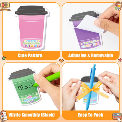 Xqumoi Employee Appreciation Coffee Cup Sticky Notes Set - 24 Set Coffee Self Sticky Writing Memo Pads Ballpoint Pens with Mesh Bag for Coffee Lover Staff Member Colleague Worker School Office Supply