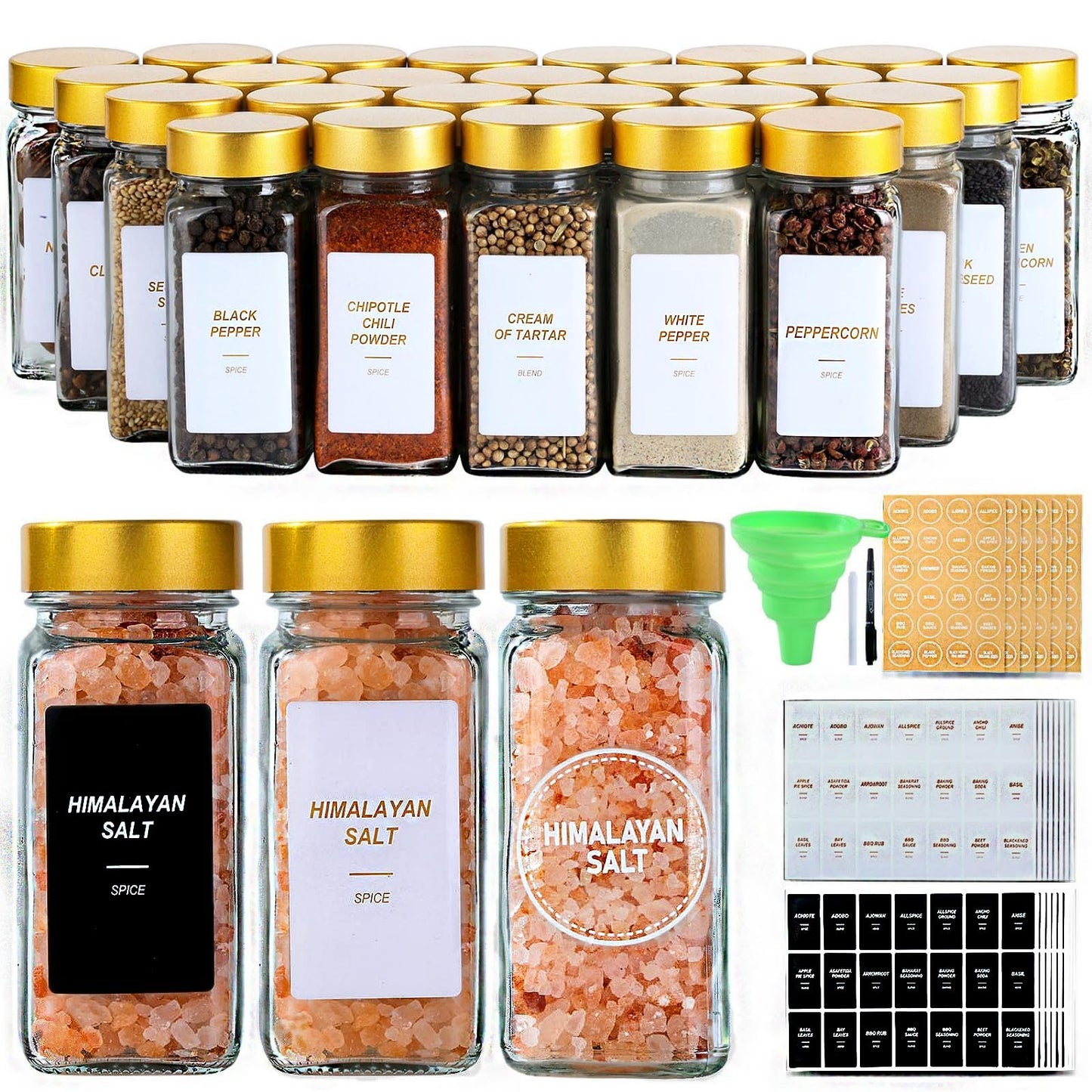 JARXSUN Glass Spice Jars with Label, 24Pcs Spice Jars with Shaker Lids-4 oz Gold Spice Seasoning Jars Bottles Containers Set for Spice Rack (24)