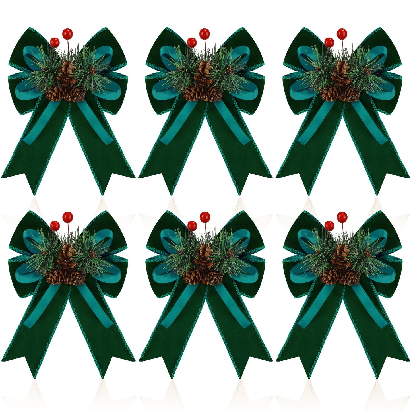Syhood 6 Pcs Christmas Velvet Bow with Pine Cones Pine Needles Berries Xmas Dark Green Ribbon Bow Ornaments 6.3 x 5.1 Inch for Christmas Tree Wreath Garden Fireplace Crafts DIY Decor