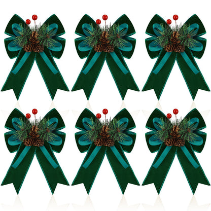 Syhood 6 Pcs Christmas Velvet Bow with Pine Cones Pine Needles Berries Xmas Dark Green Ribbon Bow Ornaments 6.3 x 5.1 Inch for Christmas Tree Wreath Garden Fireplace Crafts DIY Decor