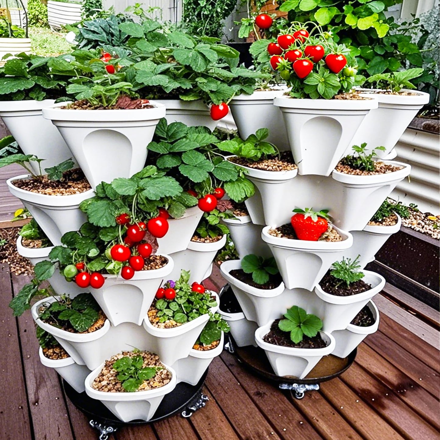 Lykvrii Strawberry Planters, 3 Tiered Vertical Stackable Planter, Herb Stacking Tower Garden, Flower Vegetable Planters with Support Pole, Indoor & Outdoor with Removable Wheels - White