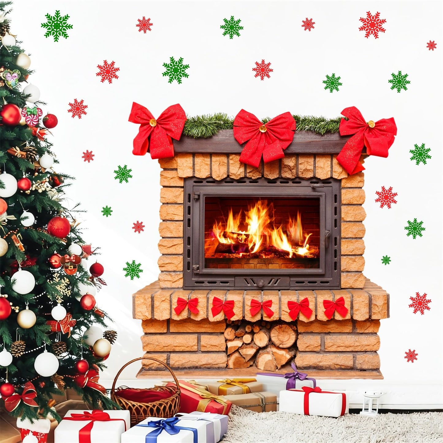 Large Christmas Wall Stickers Christmas Wall Decoration Vinyl Decals Realistic Bow Fireplace Decal for Walls Peel and Stick Indoor Snowflakes Xmas Art Murals for Living Room Holiday Party Supplies