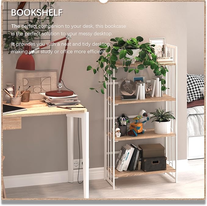 4NM No Assembly 4 Tiers Folding Bookshelf, 47.2" H Foldable Storage Shelves