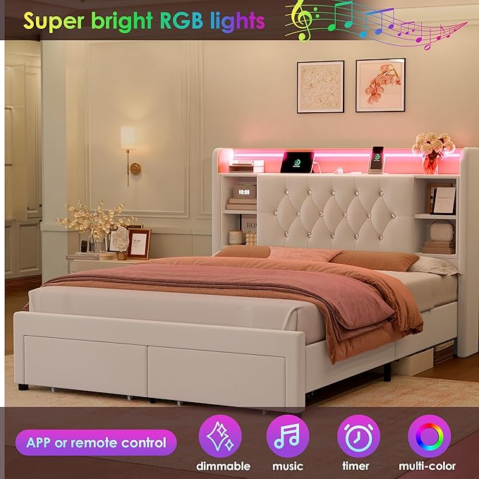 Queen Bed Frame with Drawers, Hidden-Cubby & Shelves Storage Headboard with